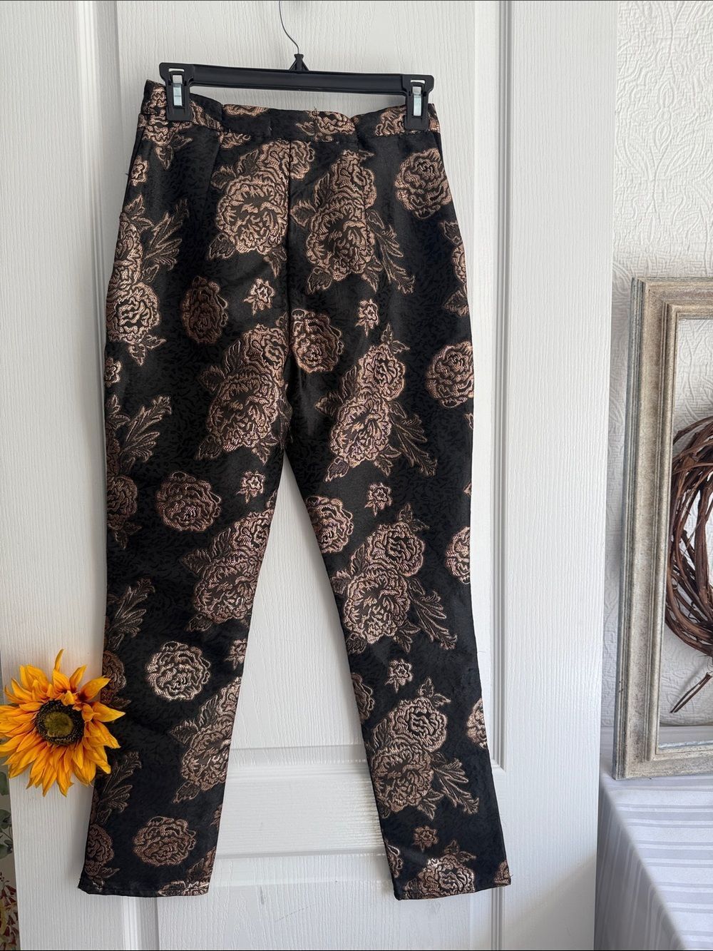 Sage Metallic Floral Straight Leg Pants - Black & Gold - Picture 7 of 8